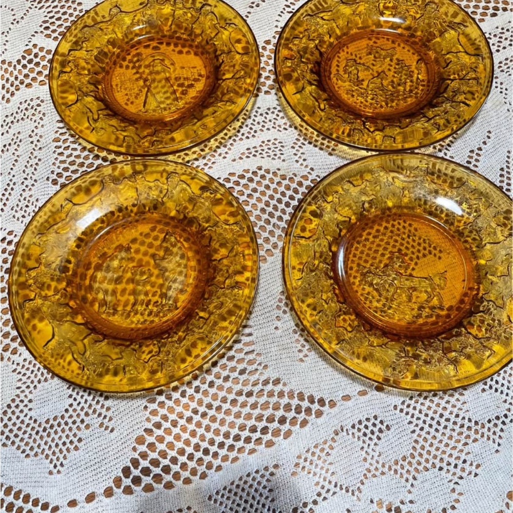 Brown Amber Glass Art Plates with Vintage Nursery Rhyme Patterns